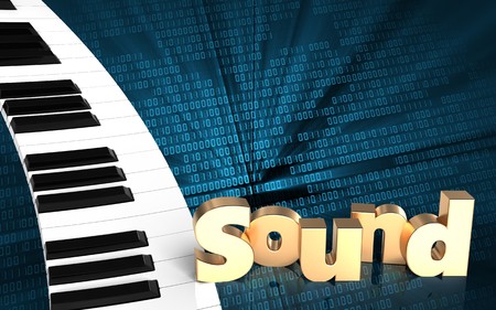 3d illustration of piano keyboard over binary digital background with 'sound' signの写真素材