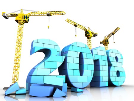 3d illustration of cranes building blue 2018 year with bricks over white background
