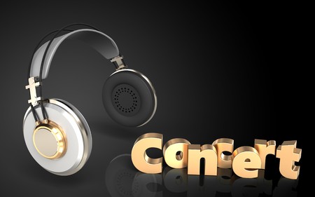 3d illustration of headphones over black background with concert signの写真素材