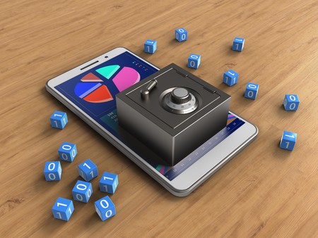 3d illustration of white phone over wooden background with binary cubes and steel safeの写真素材