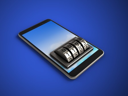 3d illustration of mobile phone over blue background with lock dialの写真素材