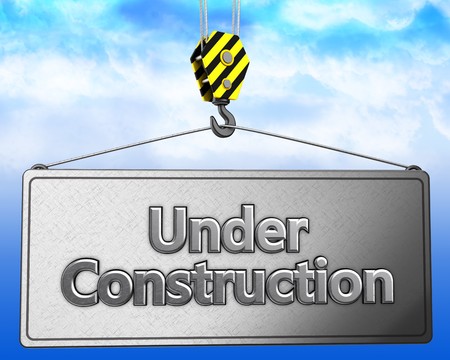 3d illustration of under construction sign with crane hook over sky backgroundの写真素材