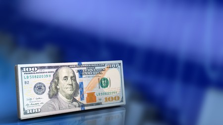 3d illustration of cash over blue graph backgroundの写真素材