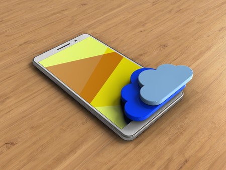3d illustration of white phone over wooden background with cloudsの写真素材