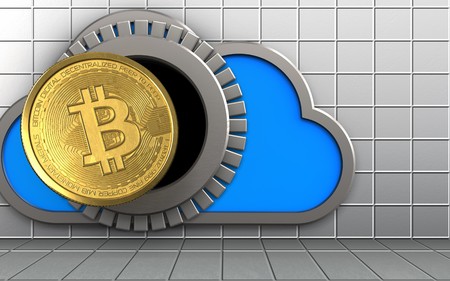 3d illustration of cloud with bitcoin over white wall backgroundの写真素材