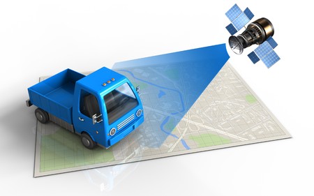3d illustration of bright map with truck and satelliteの写真素材