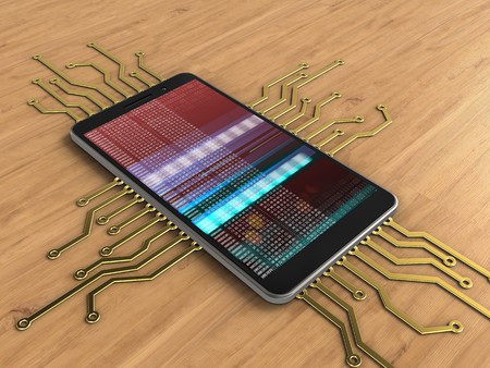 3d illustration of mobile phone over wooden background with electronic circuit andの写真素材