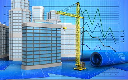 3d illustration of generic building with urban scene over graph backgroundの写真素材