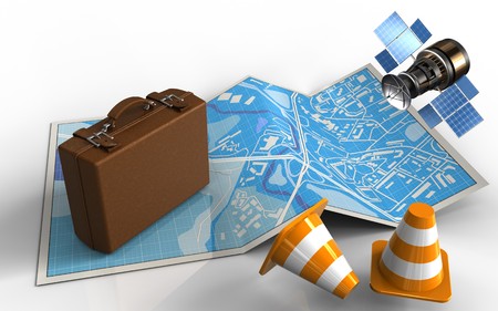 3d illustration of city map with luggage and gps satellite
