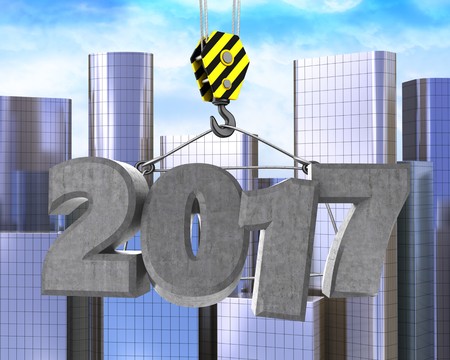 3d illustration of 2017 sign with crane hook over city background