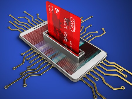 3d illustration of white phone over blue background with electronic circuit and bank cardの写真素材