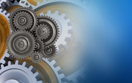 3d illustration of gear wheels over blue background with gearsの写真素材