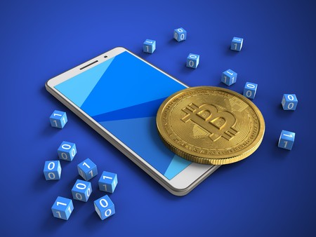 3d illustration of white phone over blue background with binary cubes and bitcoinの写真素材