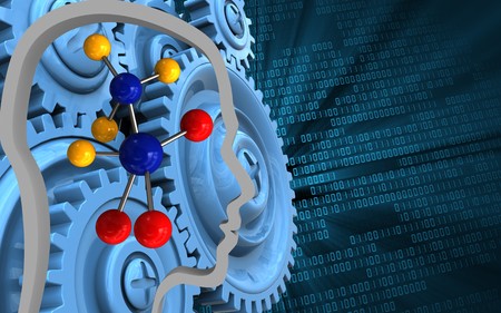 3d illustration of molecule over binary background with blue gears