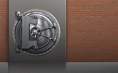 3d illustration of metal box with steel door over red bricks backgroundの写真素材
