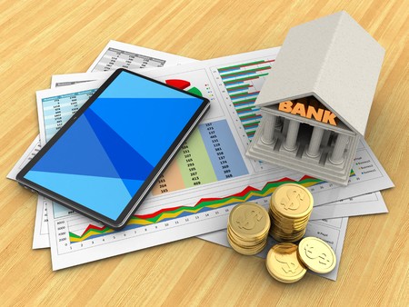 3d illustration of business documents and tablet computer over wood table background with bankの写真素材