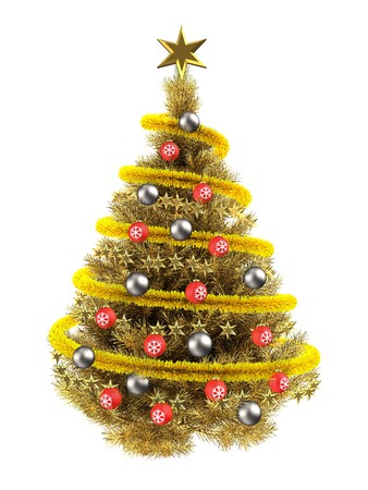 3d illustration of golden Christmas tree over white with red balls and fripperyの写真素材
