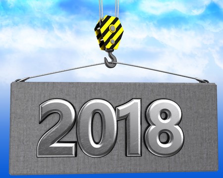 3d illustration of metal 2018 sign with crane hook over sky background