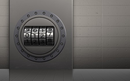 3d illustration of metal box with code dial over iron wall background