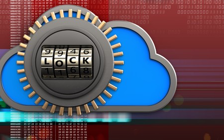 3d illustration of cloud with code lock door over digital red backgroundの写真素材