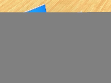 3d illustration of diagram papers and computer over wood table background with pie chart
