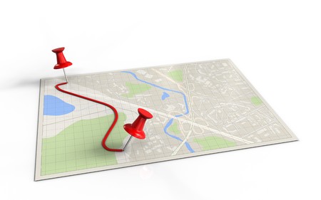 3d illustration of bright map with pins and routeの写真素材