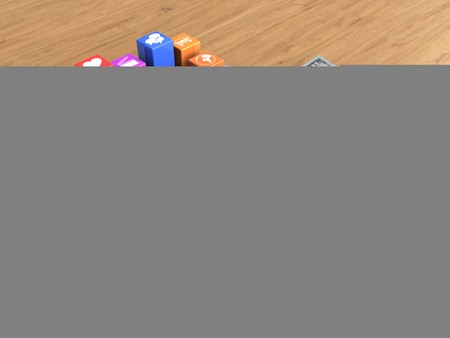 3d illustration of mobile phone over wooden background with banknotes and colorful icons
