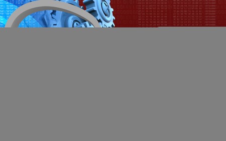 3d illustration of clock over red background with blue gearsの写真素材