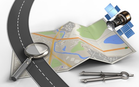 3d illustration of city map with magnify glass and circle tool