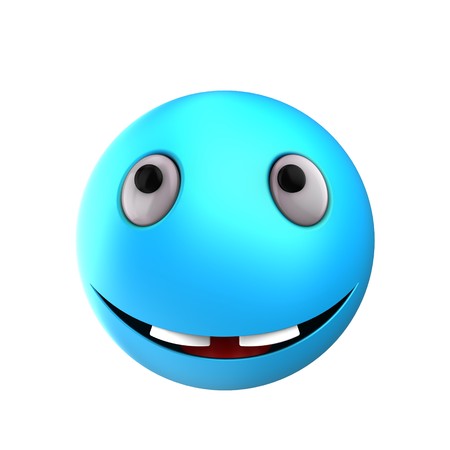 3d illustration of blue emoticon smile over white background with two teethsの写真素材