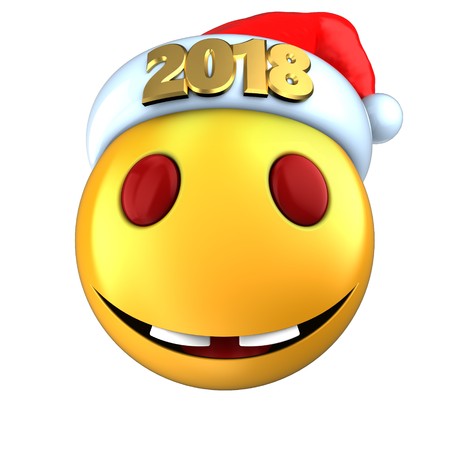 3d illustration of yellow emoticon smile with 2018 Christmas hat over white background