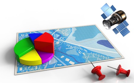 3d illustration of blue map with business data and gps satelliteの写真素材