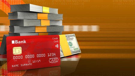 3d illustration of money stack over orange cyber background with bank cardの写真素材