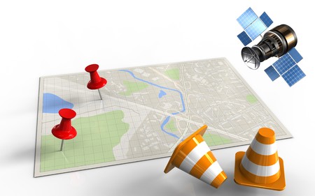 3d illustration of bright map with red pins and gps satellite