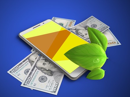 3d illustration of white phone over blue background with banknotes and leafの写真素材
