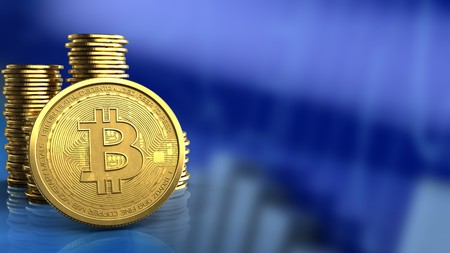 3d illustration of coins over blue graph background with bitcoinの写真素材