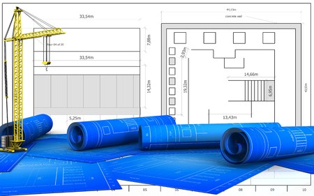 3d illustration  with crane over blueprint backgroundの写真素材