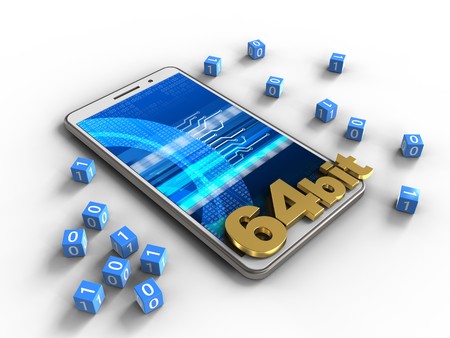 3d illustration of white phone over white background with binary cubes and 64 bit signの写真素材