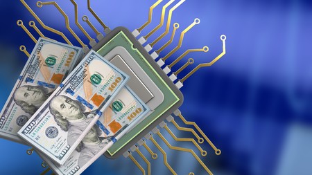 3d illustration of cpu over blue graph background with money banknotesの写真素材