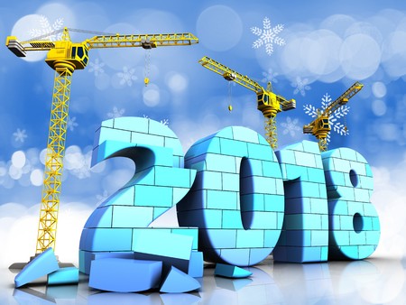 3d illustration of cranes building blue 2018 year with bricks over snow background