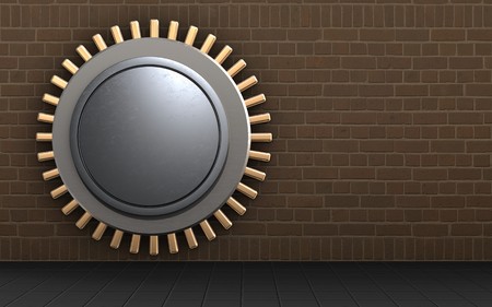 3d illustration of vault door  template  over bricks backgroundの写真素材
