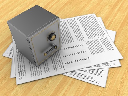 3d illustration of papers and safe over wood table background