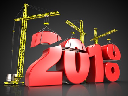 3d illustration of cranes building red 2018 year sign over black backgroundの写真素材