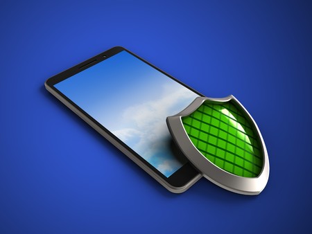 3d illustration of mobile phone over blue background with shieldの写真素材