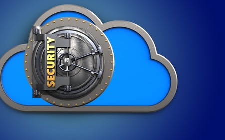 3d illustration of cloud with security door over blue backgroundの写真素材