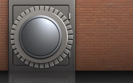 3d illustration of metal safe with vault door  template over red bricks backgroundの写真素材