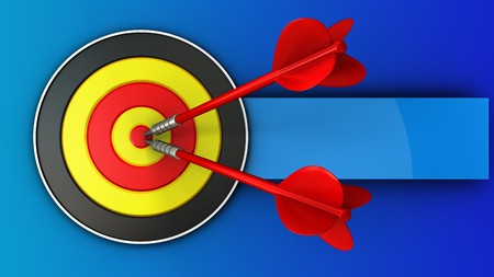 3d illustration of round target with two darts over blue backgroundの写真素材