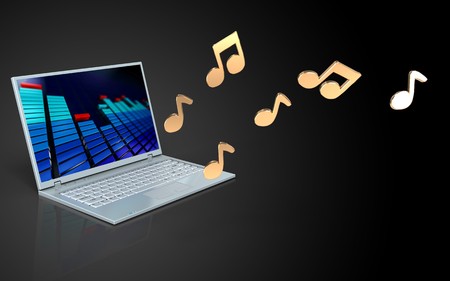 3d illustration of laptop computer over black background with notesの写真素材