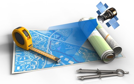 3d illustration of city map rolls with ruler and circle tool