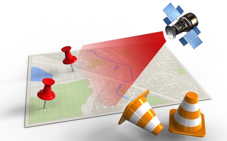 3d illustration of bright map with red pins and satelliteの写真素材